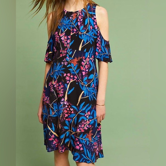 Anthropologie Maeve Elia Tropical Floral Open Shoulder Flutter Sleeve Dr… - Picture 1 of 11